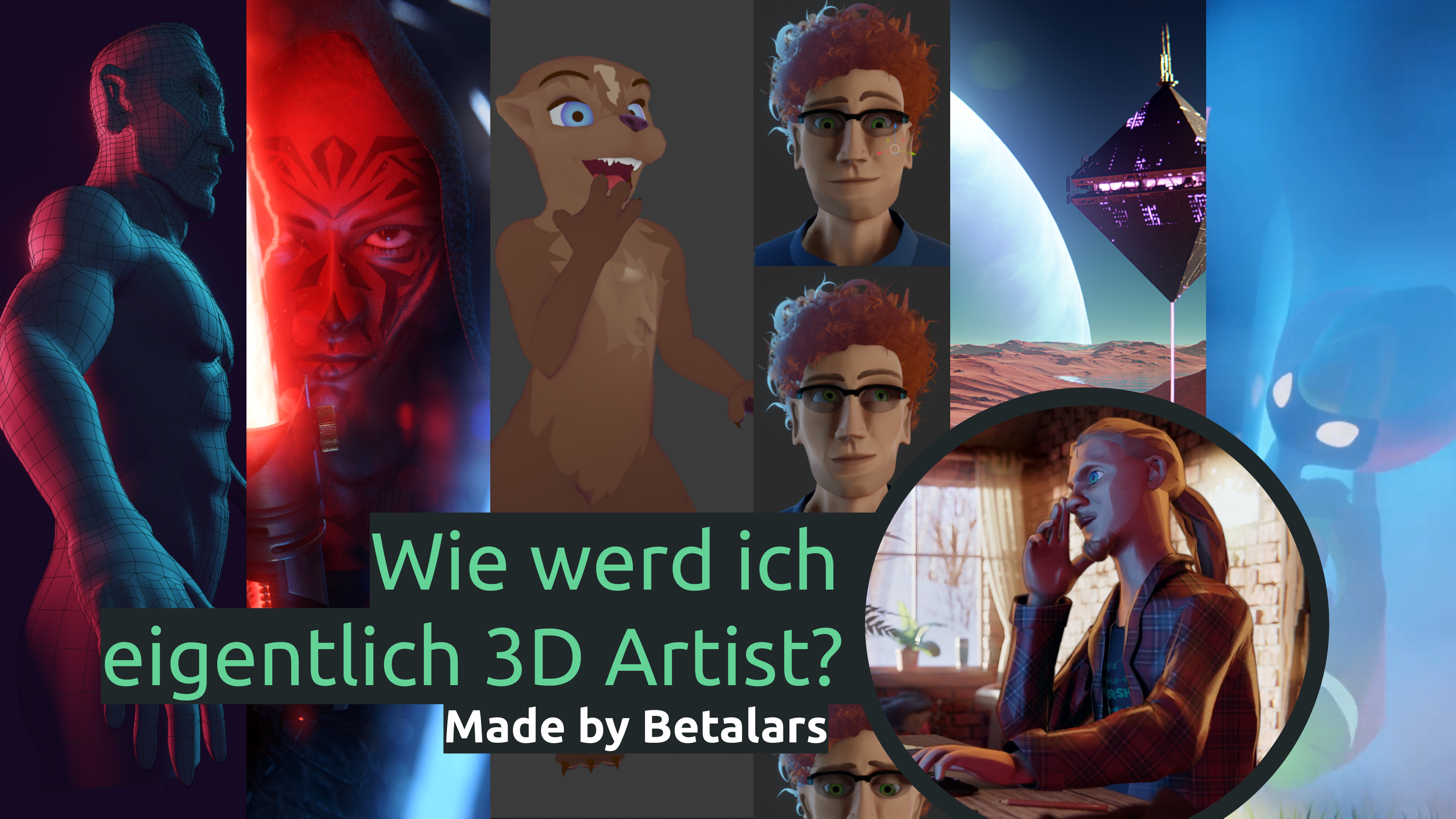 Eine Titelfolie, Titel: Wie werd ich eigentlich 3D-artist? Untertitel: made by betalars. Neben dem Titel ist eine stilisierte 3D-Grafik einer Person in einem Karohemd mit blauen Augen und Ponytail, die an einem Schreibtisch sitzt. Im Hintergrund sind nebeneinander angeordnet 6 weitere GRafiken: ein Maskuliner Muskulöser Körper in violettem Licht mit einem Gitter aus dunklen drähten, dass über die Muskellinien läuft, ein Fantasy-Charakter mit roter haut, schwarzen Tatoos und einer großen Narbe auf dem gesicht und einem Lichtschwert, ein begeisterter stilisierter Otter, eine Studie mit drei verschiedenen Gesichtsaudrücken einer Person mit lockigen roten Haaren, ein Raumschiff, dass pber einem Wüstenplaneten Schwebt und ein niedliches Alien, dass hinter einem Raumschiff hervor guckt.